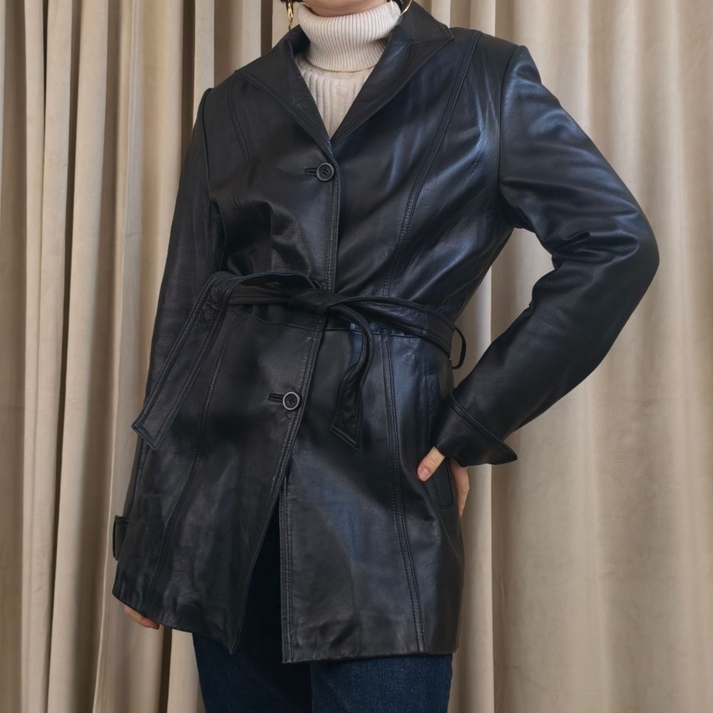 Vintage Black Leather Jacket Belted Trench